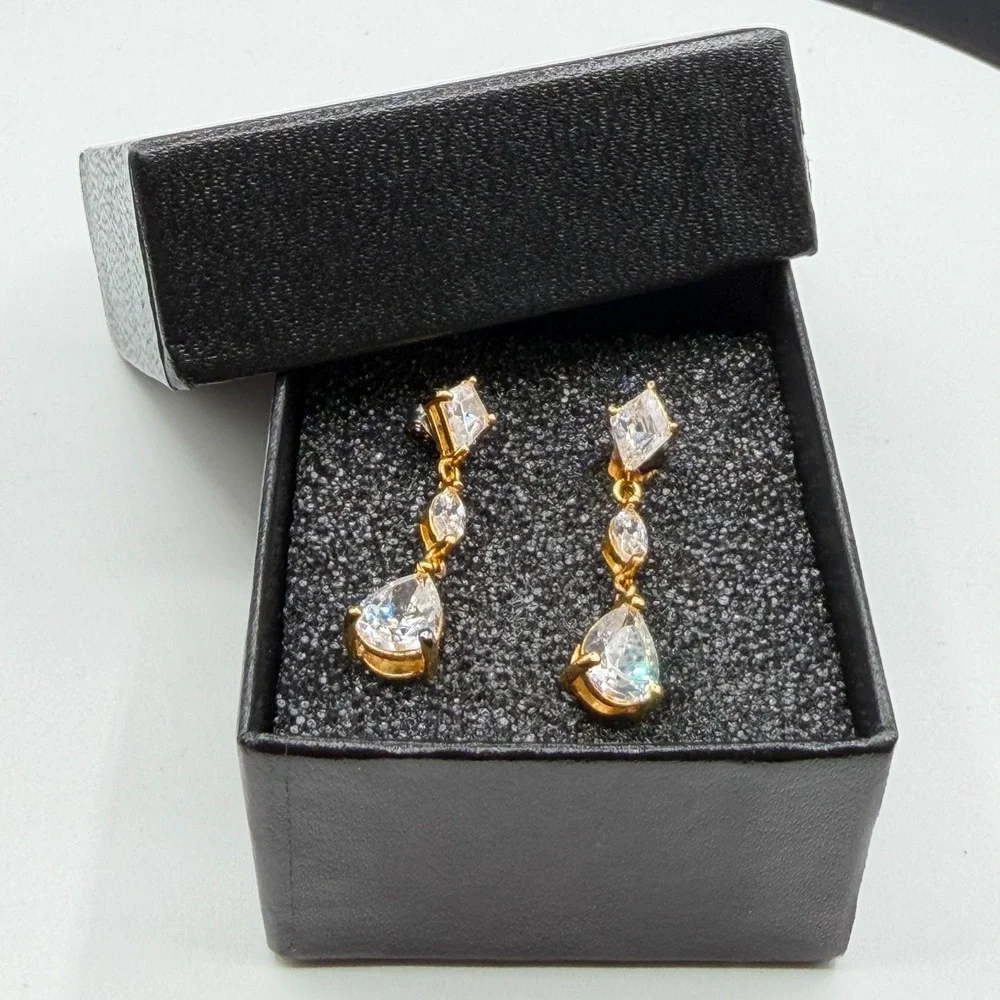 Gold Tone Clear Crystal CZ Long Drop Dangle Earrings Pear Marquise Kite Pierced